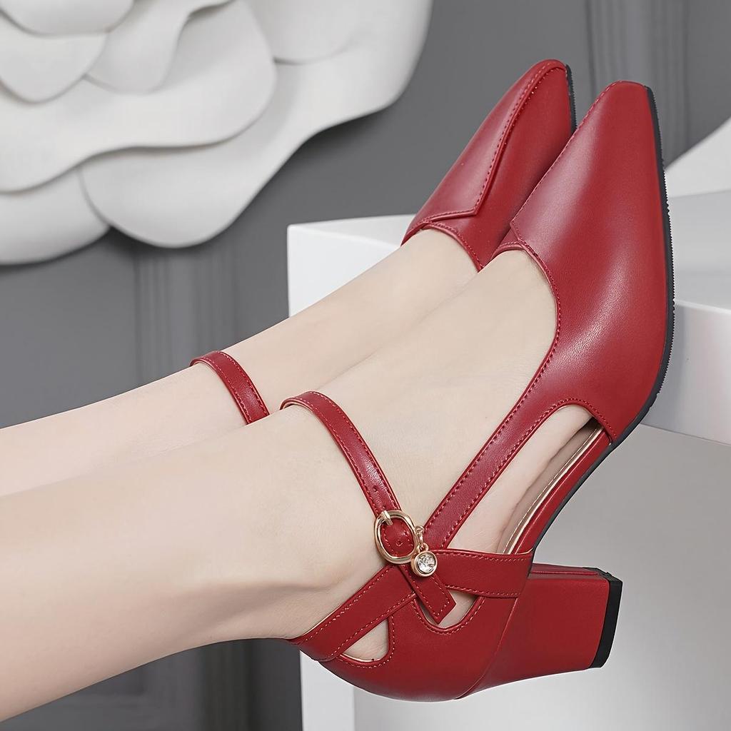 Elegant Chunky Heels - Women's Stylish Point Toe Dress Pumps with Fashion Buckle Strap