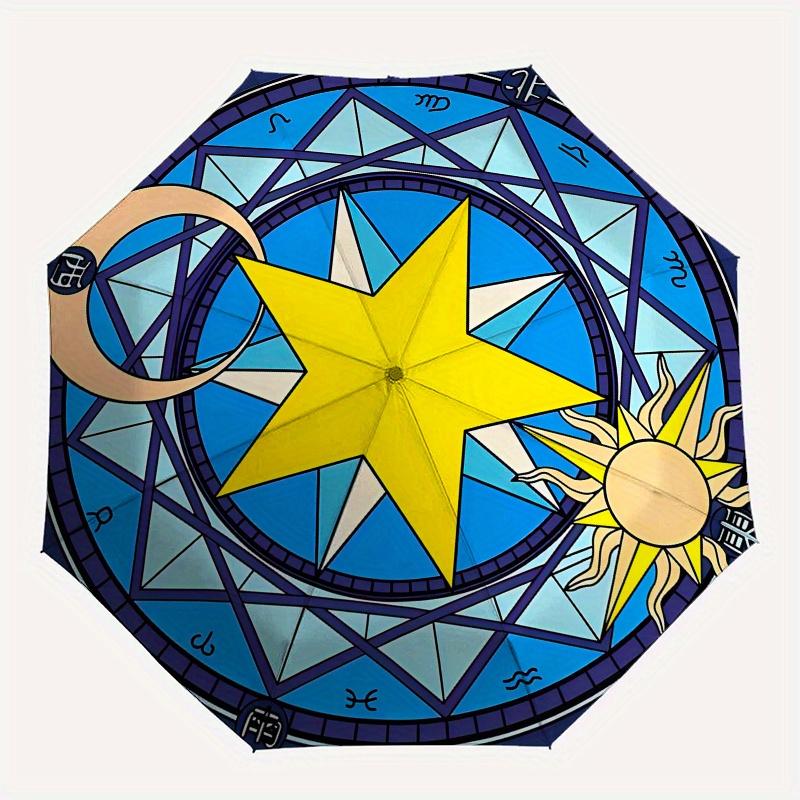 Stained Window Panel with Star, Moon, Sun DesignUmbrella, Portable 3-Fold Umbrella for Men & Women,Christmas Gift ES297