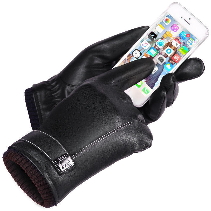 Touch Screen Couple Gloves for Men's Winter PU Driving and Cycling Cycling Waterproof Plus Velvet Ladies' Water Washed Leather Gloves for Winter