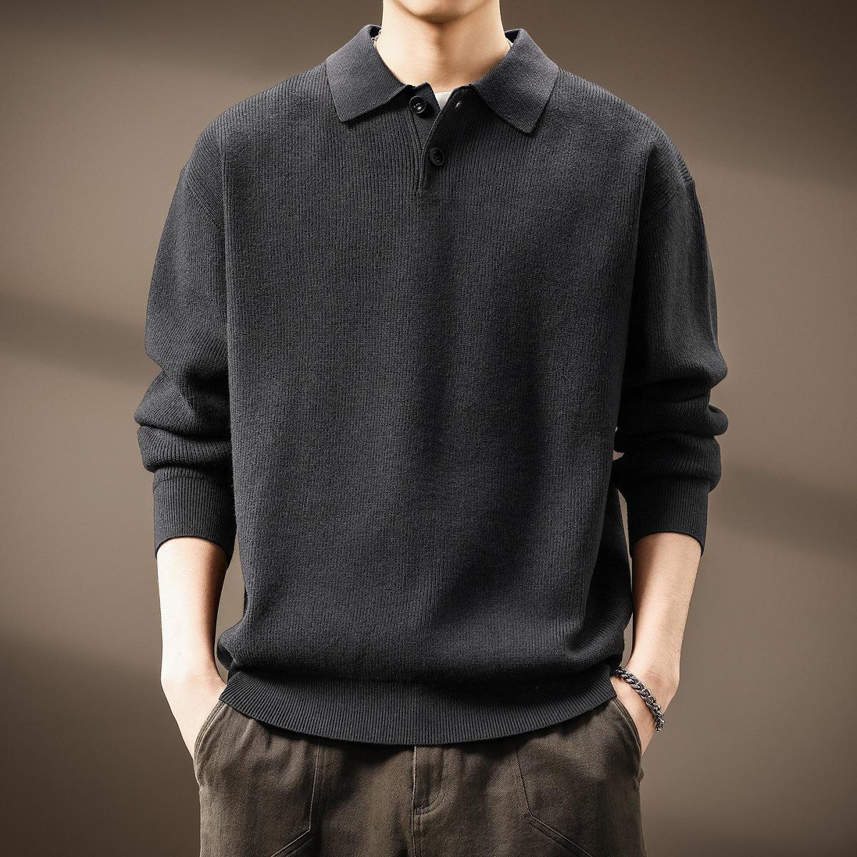 

Men s High-End Heavyweight Cotton Color Block Polo Sweater - 2025 Spring/Autumn Collection M (for 110-130 jin) темно-сірий