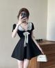 Sexy lapel short-sleeved bow splicing small man covering meat pure desire wind sweet waist big swing dress
