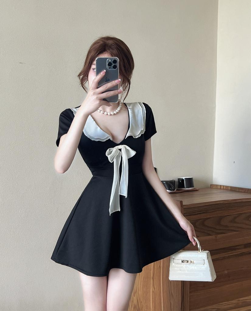 Sexy lapel short-sleeved bow splicing small man covering meat pure desire wind sweet waist big swing dress