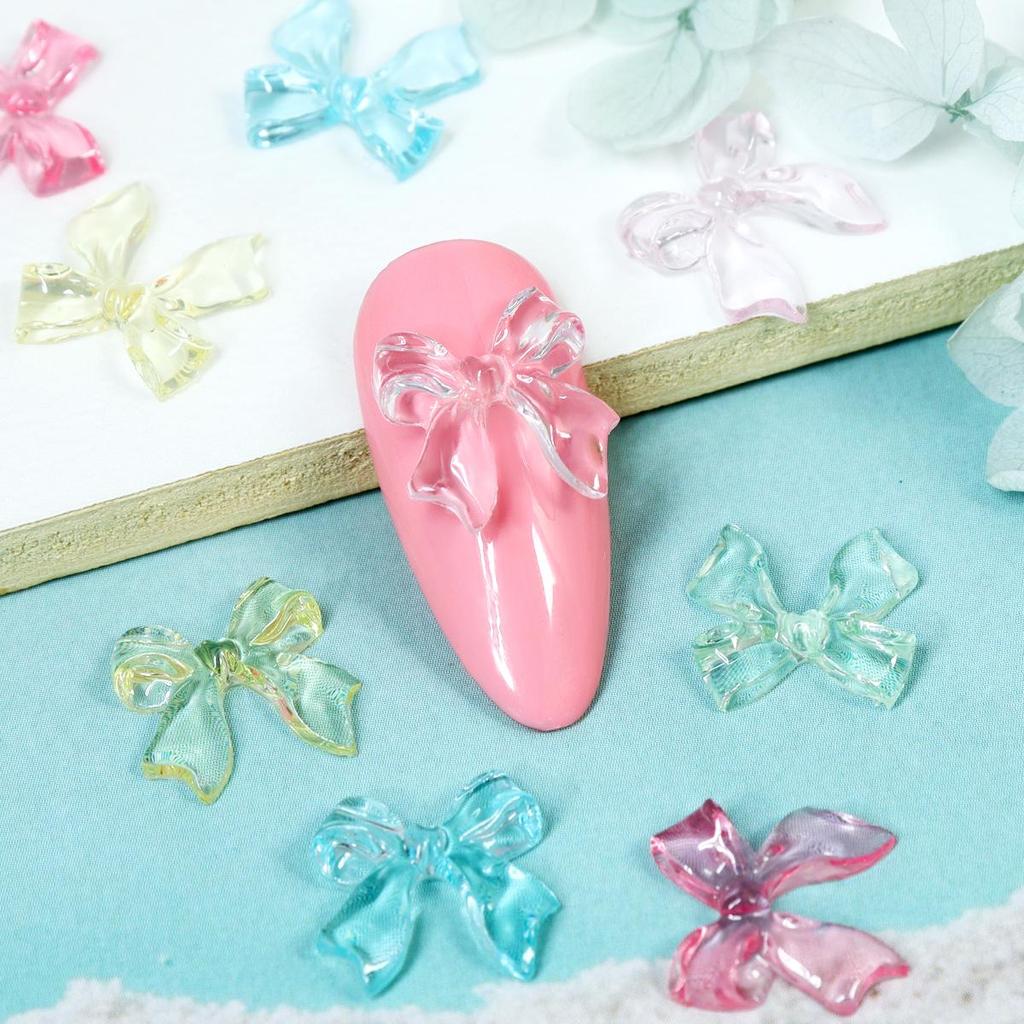 1Bag Pink Candy Ribbon Bows 3D Nail Charm Transparent Jelly Color Summer Nail Decoration Accessories DIY Manicure Decor Parts