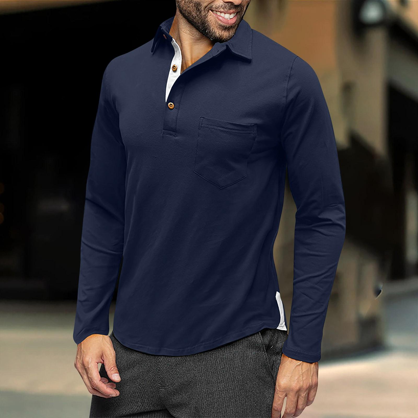 

Мужская весенне-осенняя однотонная футболка с лацканами, 3 пуговицы, открытая планка и пуговицы, топ с длинными рукавами XXL