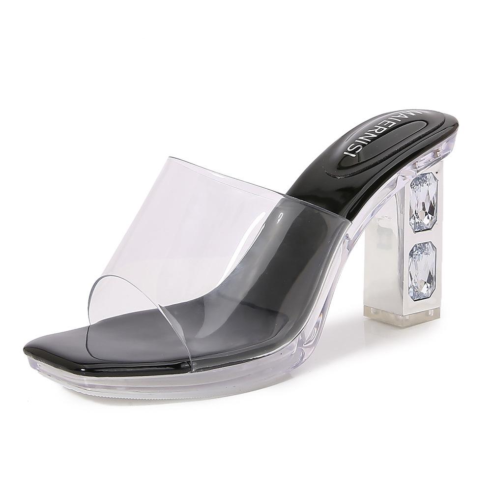 

2025 Summr Transparent PVC Platform Women Slippers Sandals Elegant Square toe Crystal Thick High heels Mules Sides Shoes 43 чёрный
