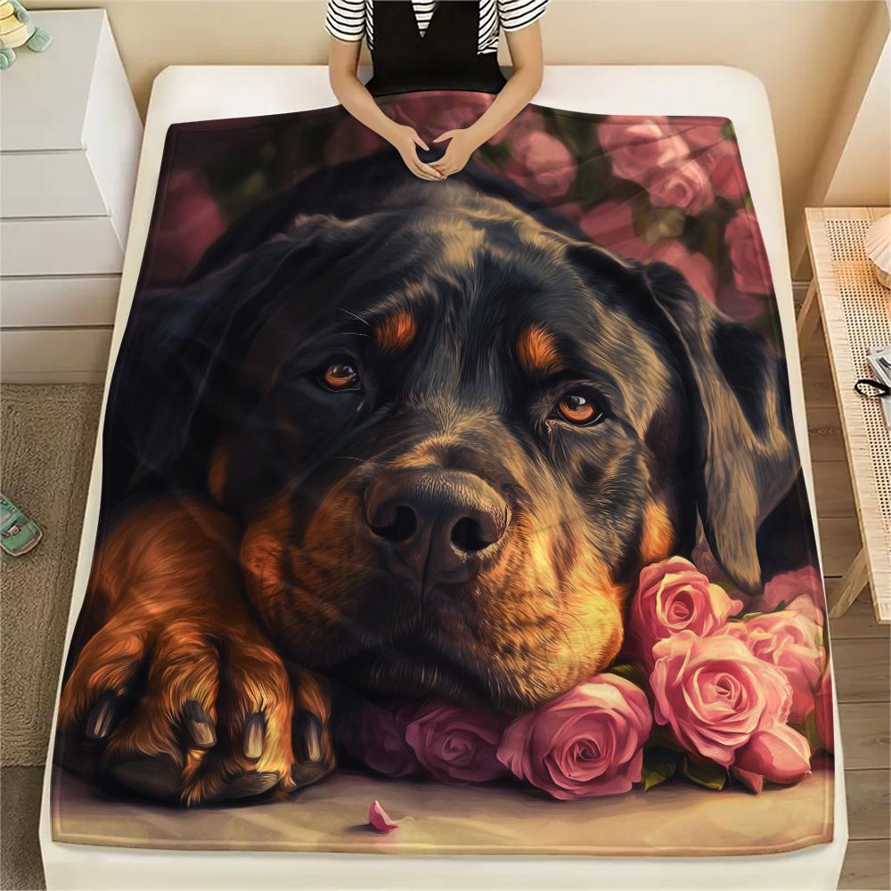 Rottweiler and Roses,pattern Flannel Blanket, High quality Comfortable for All Seasons, Home Decor, Warmth and Comfort, Perfect for Gifts.