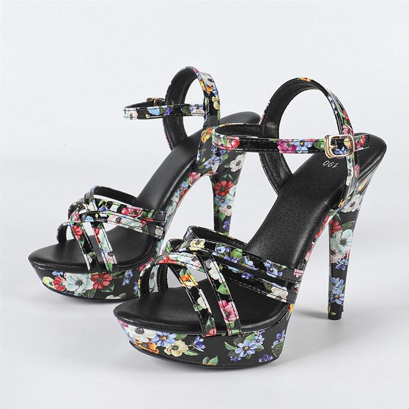 Fashion Liyke Fashion Design Print Leather Narrow Band Women Platform Sandal Sexy Peep Toe Super High Heels Banquet Party Shoes Size 43