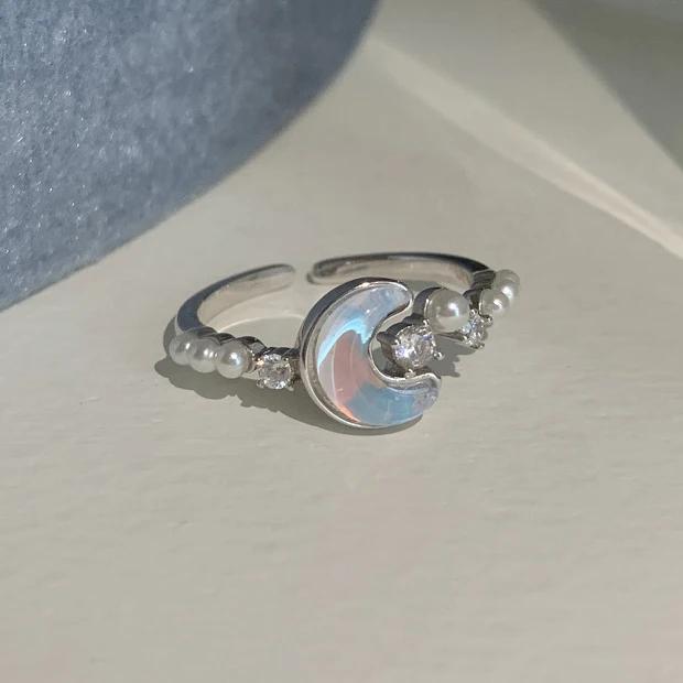 PONYKISS  Sterling Silver Star Moon Pearl Zircon Rings for Women Romantic Fine  Minimalist Opening Accessories