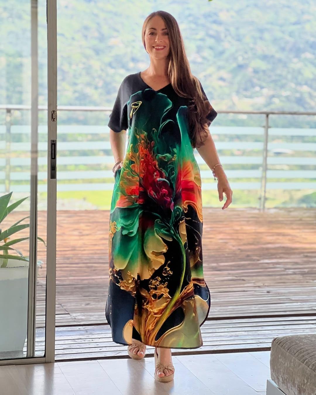 

Женское темно-синее платье макси с V-образным вырезом, короткими рукавами, принтом в виде листьев, боковым разрезом, карманами 5XL зелёный