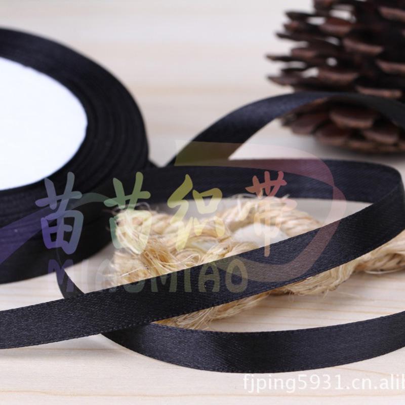 Black Polyester Satin Ribbon with Lace Edge for Clothing and Gift Packaging