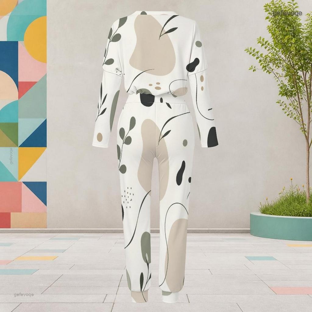 Women Plus Size Printed Round Neck Long Sleeve Cuffed Top And Cuffed Pants Two Piece Set With Pockets