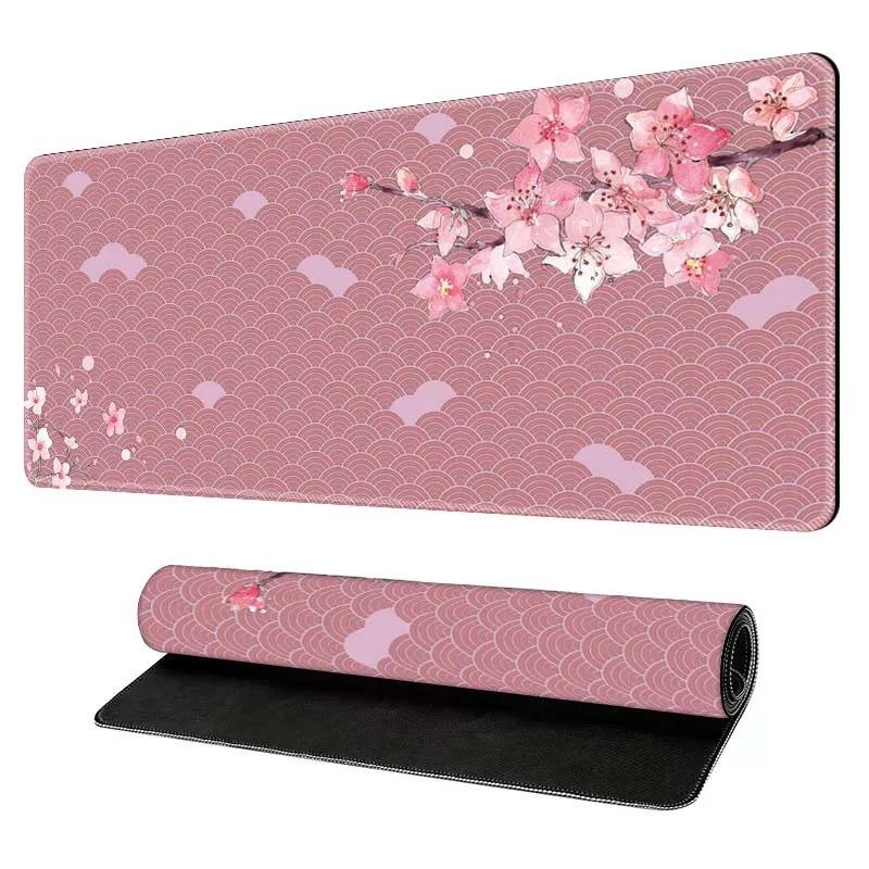 Sakura Cherry Blossom Desk Mat Black Wave Texture Gaming Mouse Pad NonSlip Rubber Keyboard Mat Stitched Edge Table Pad