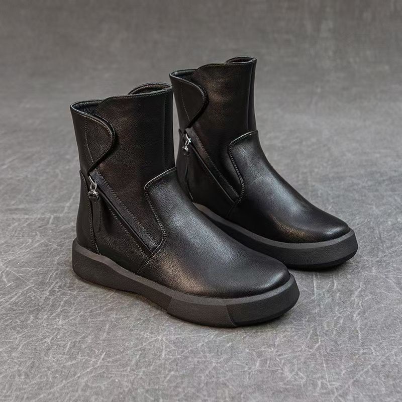 Women Real Leather Flat Sole Ankle Boots Autumn Winter New Soft Sole Non Slip Plush Keep Warm High Top Zippers Cotton Boots