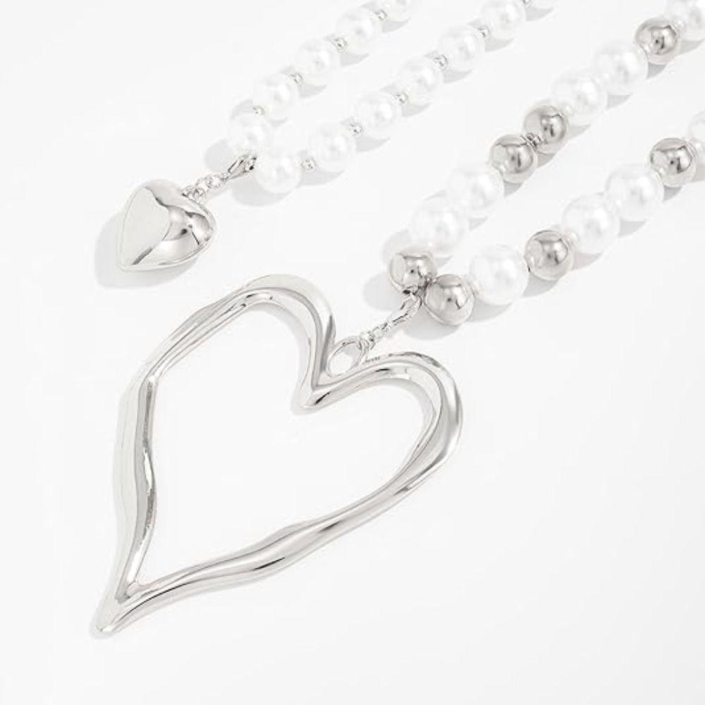 New Personalized Chunky Gold Silver Color Y2K Layered Beaded Pearl Multicolor Alloy Heart Pendant Jewelry Accessories