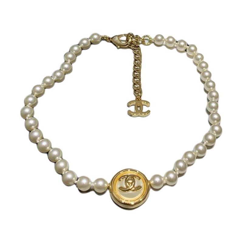 Chanel Double C-shaped Metal Resin and Cultured Pearl Necklace, Unisex Style, Couple's Set, White