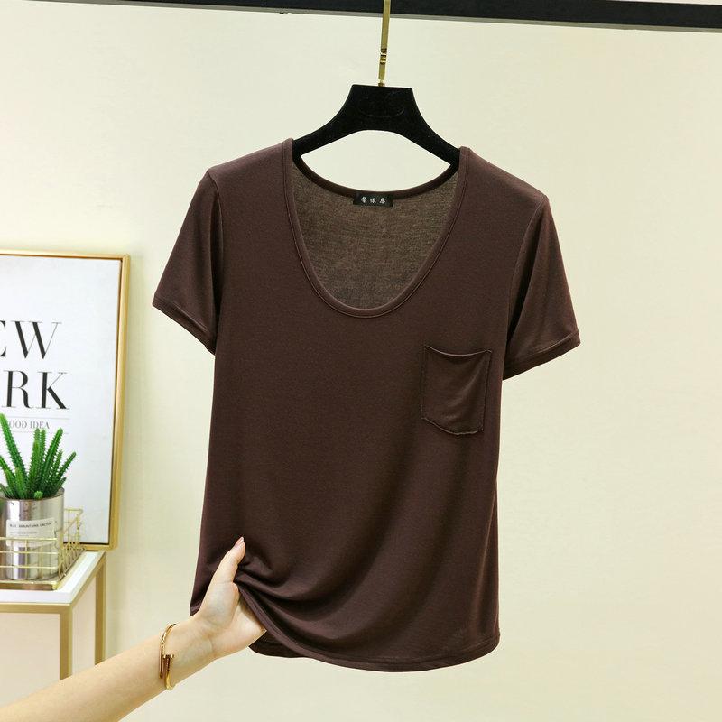 Women's U Neck T-Shirt 2026 Summer Modal Basic Short Sleeve Tshirts Loose Fit Relaxed Casual Tee Tops Solid Pocket Tees