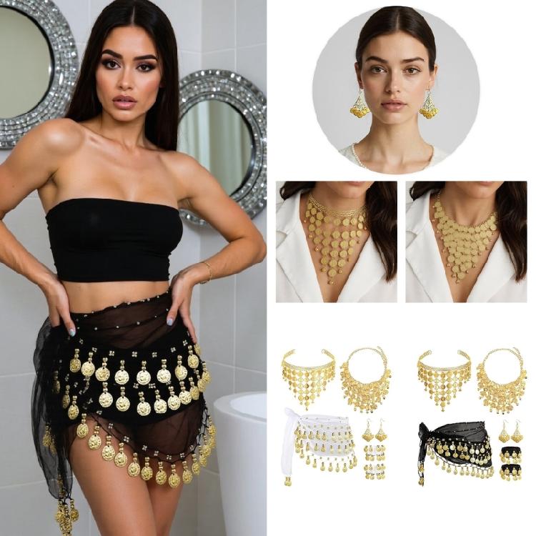 Womens Belly Dance Accessories Set with Hip Scarf Wrap Gold Coin Headband Belly Dance Necklace Earrings and Bracelets