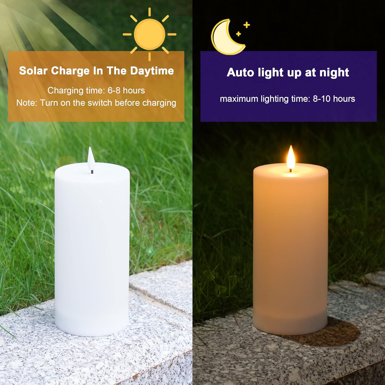 

Flameless LED Candles Set of 3, Waterproof Outdoor Rechargeable Solar Pillar Lights, 3x4/5/6 Inch White United States