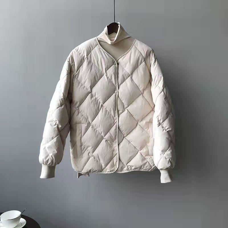2025 Winter Women's Short Quilted Puffer Jacket, Diamond Pattern Collarless Down Cotton Coat