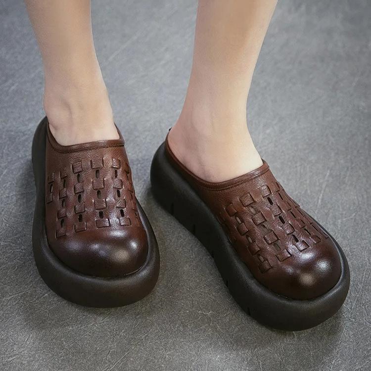 Johnature Chaussons d'extérieur rétro en cuir de vachette à semelles épaisses et bout rond, tissés à la main, polyvalents, pour femmes, à enfiler