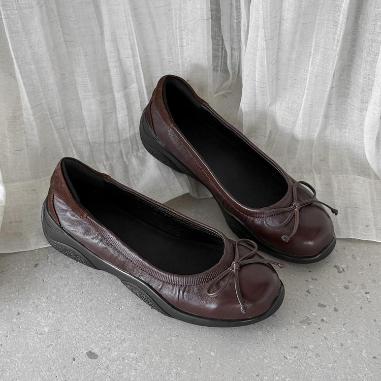 

Sheepskin version~ Grape mother French round head soft waxy leather pleated bow ballet style single shoes women s flat shoes 39 темно-коричневого