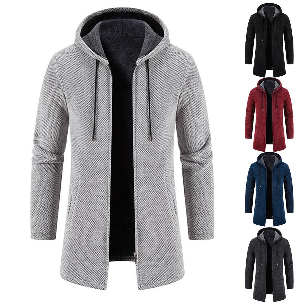 The New Type Of Men's Medium Long Plus Sweater Hooded Trench Coat Large Size Fashion Casual Full Zipper Knit Jacket