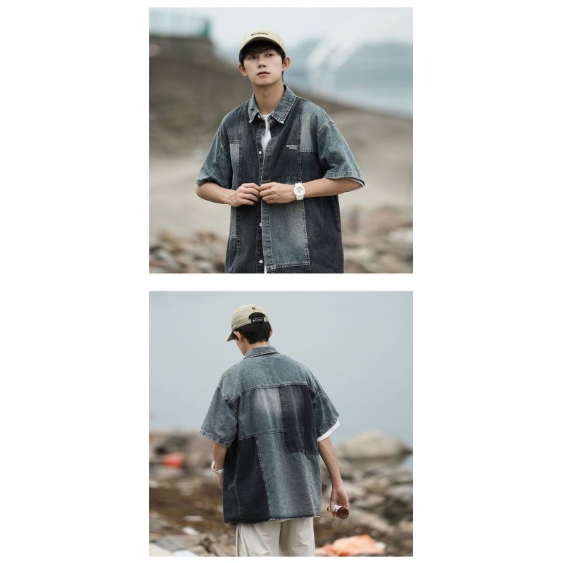 American Summer Profile Splicing Denim Vest Men's Short-sleeved Shirt Niche Men and Women Teenagers Couple Jacket