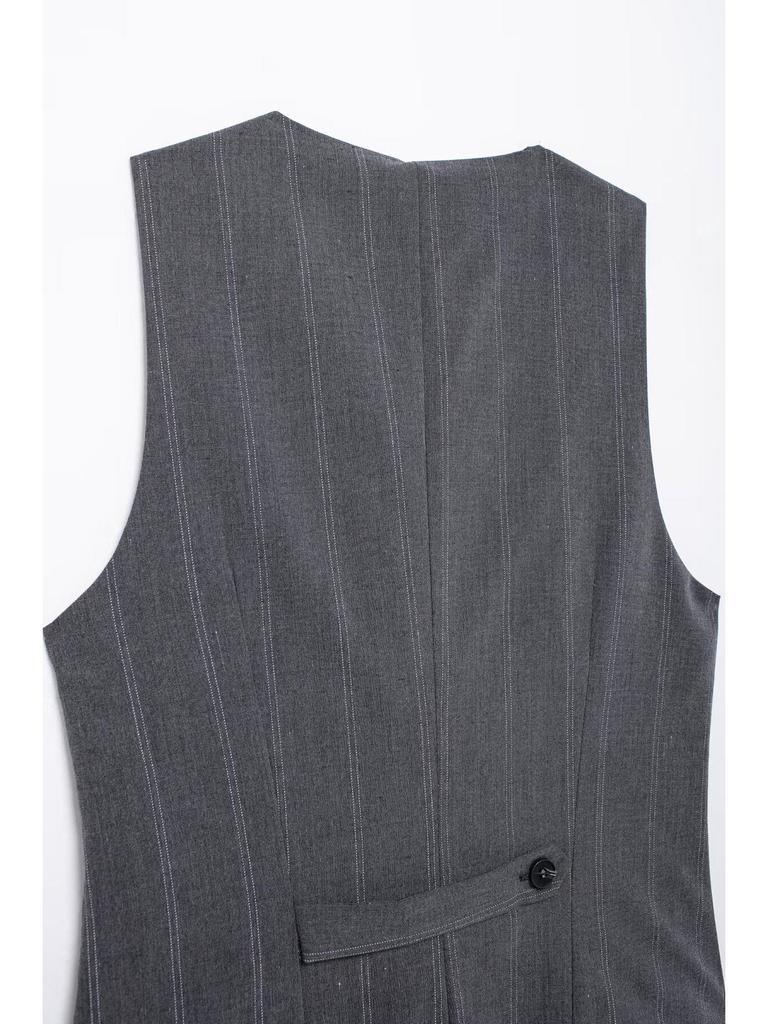 2024 Autumn Women's French V-neck Sleeveless Pleated Striped Vest Dress