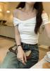 Pleated Bow One-word Shoulder Design Short-sleeved T-shirt Women's Summer New Slim-fitting and Thin Niche Top