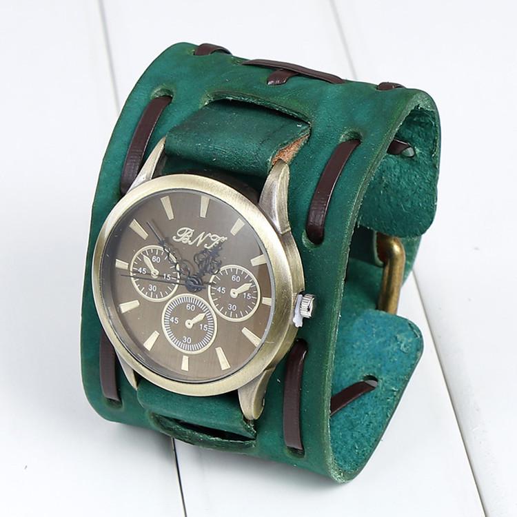 Men's Retro Quartz Watch with Wide Genuine Leather Band