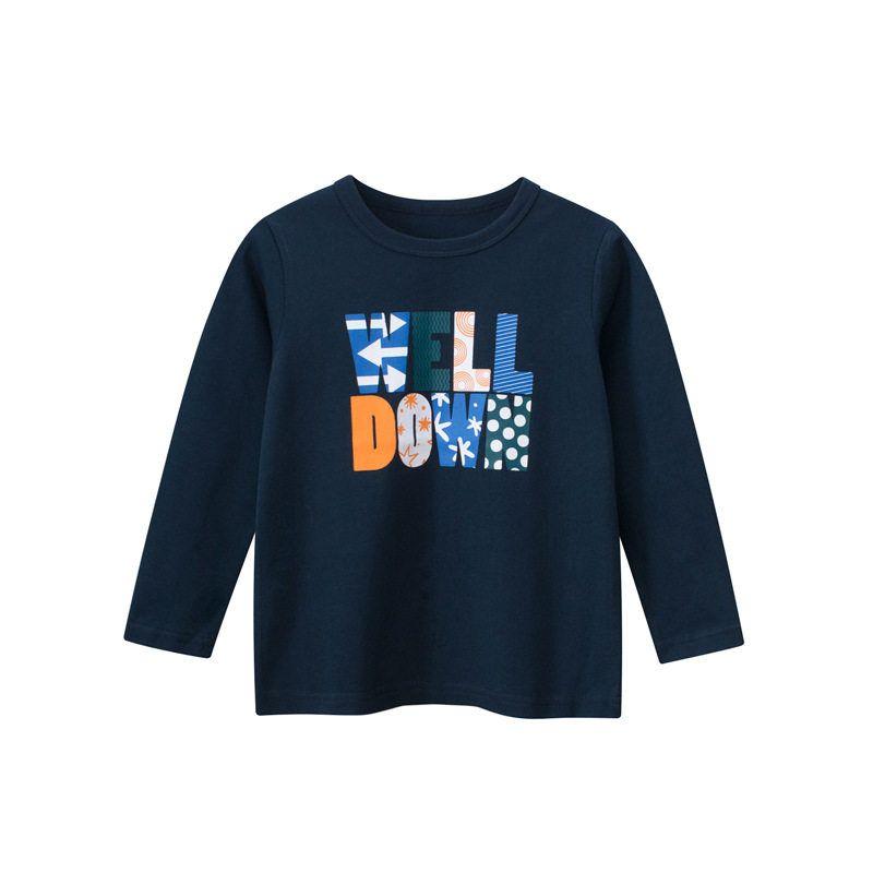27Kids Children s Clothing Kids Letters Long Sleeves T-shirt Spring and Autumn Boys  round Neck Bottoming Shirt Baby Boys  Pure Cotton Clothes 3269 Noble Cluster Blue 90