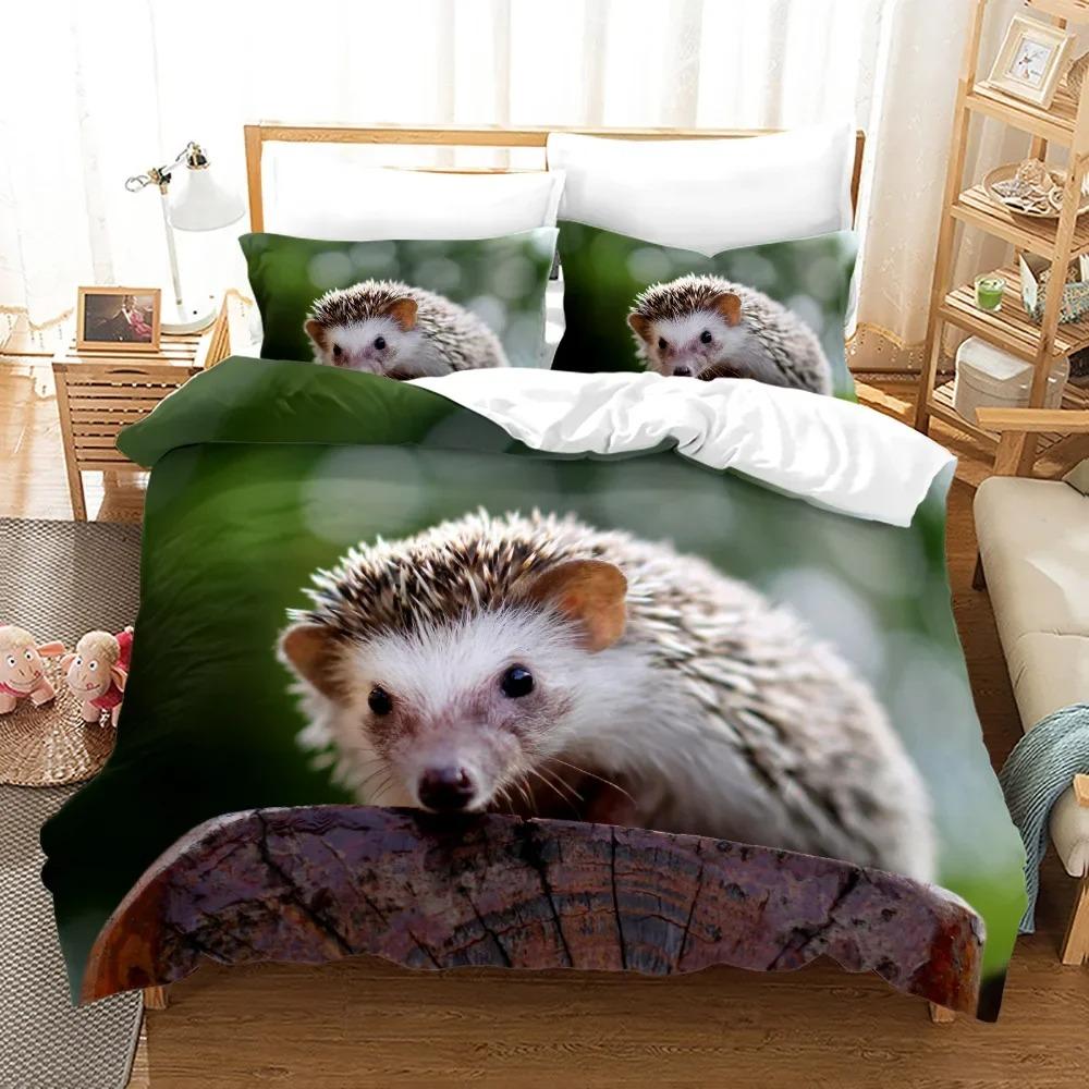 Hedgehog Duvet Cover KingQueen Size,Cute Brown Hedgehog Pattern Print Quilt Cover for Kids Girls Boy,animal Theme Bedding