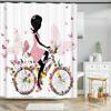 Butterfly Flower Girl Bathroom Curtain Polyester Waterproof Fabric Shower Curtain Valentine's Day Heart Pattern Bathtub Screen