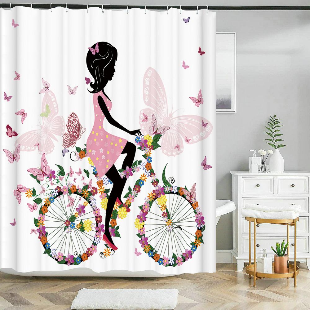 Butterfly Flower Girl Bathroom Curtain Polyester Waterproof Fabric Shower Curtain Valentine's Day Heart Pattern Bathtub Screen