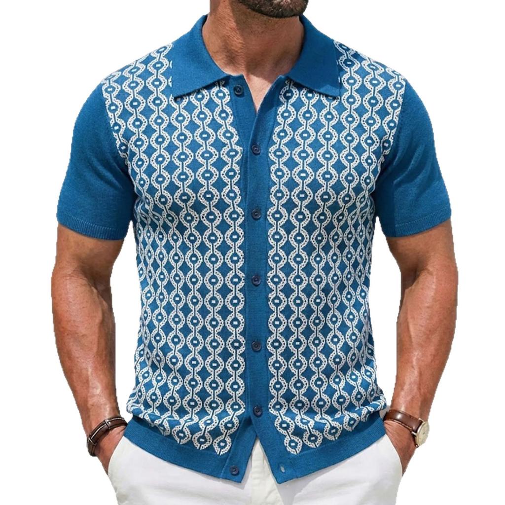 Men's Knitted Short Sleeve Shirts Casual Breathable Button Down Collared Striped Shirt Tops Summer Vacation Vintage Knit Golf Beach Shirts Top for Men