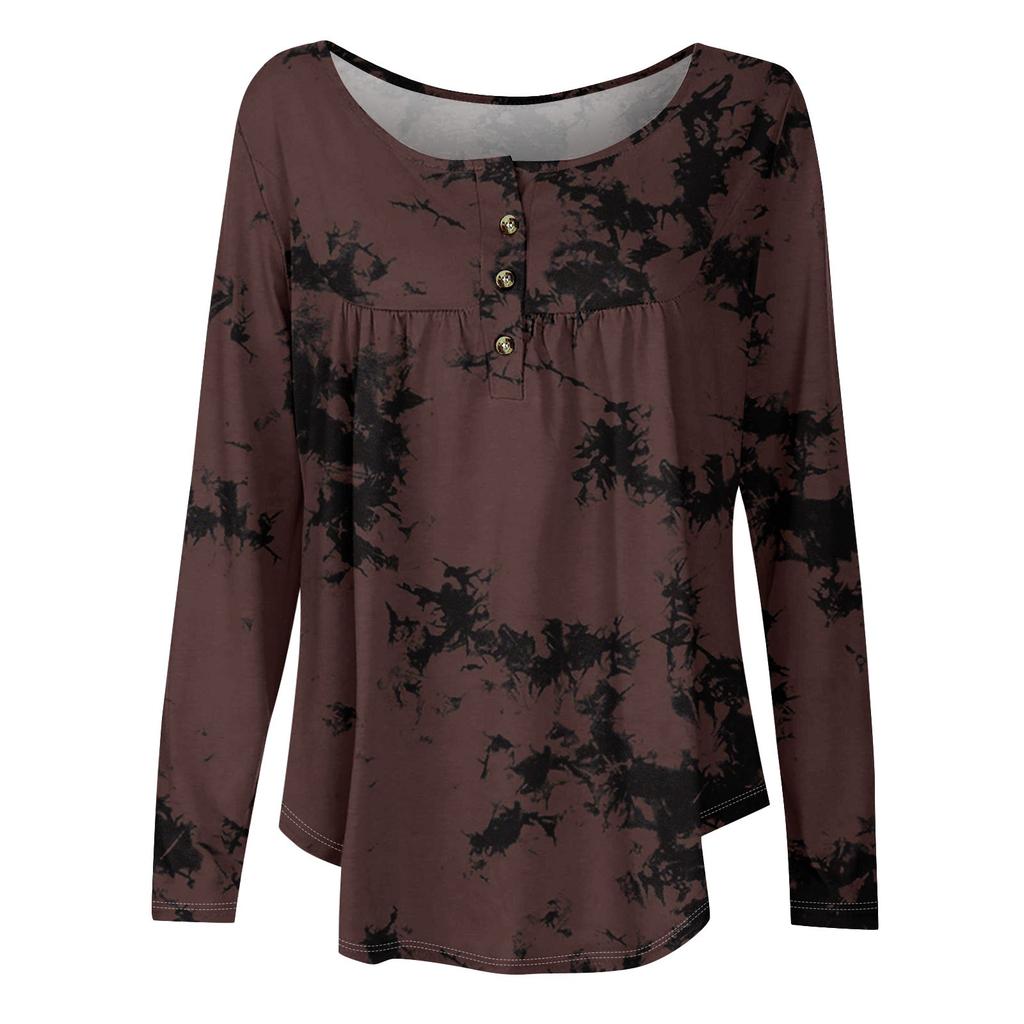 Dame Langermet Tunika Løse Topper Casual Oversized Topper Plissert Tunika Knapper Ned Casual Dame Print Topper