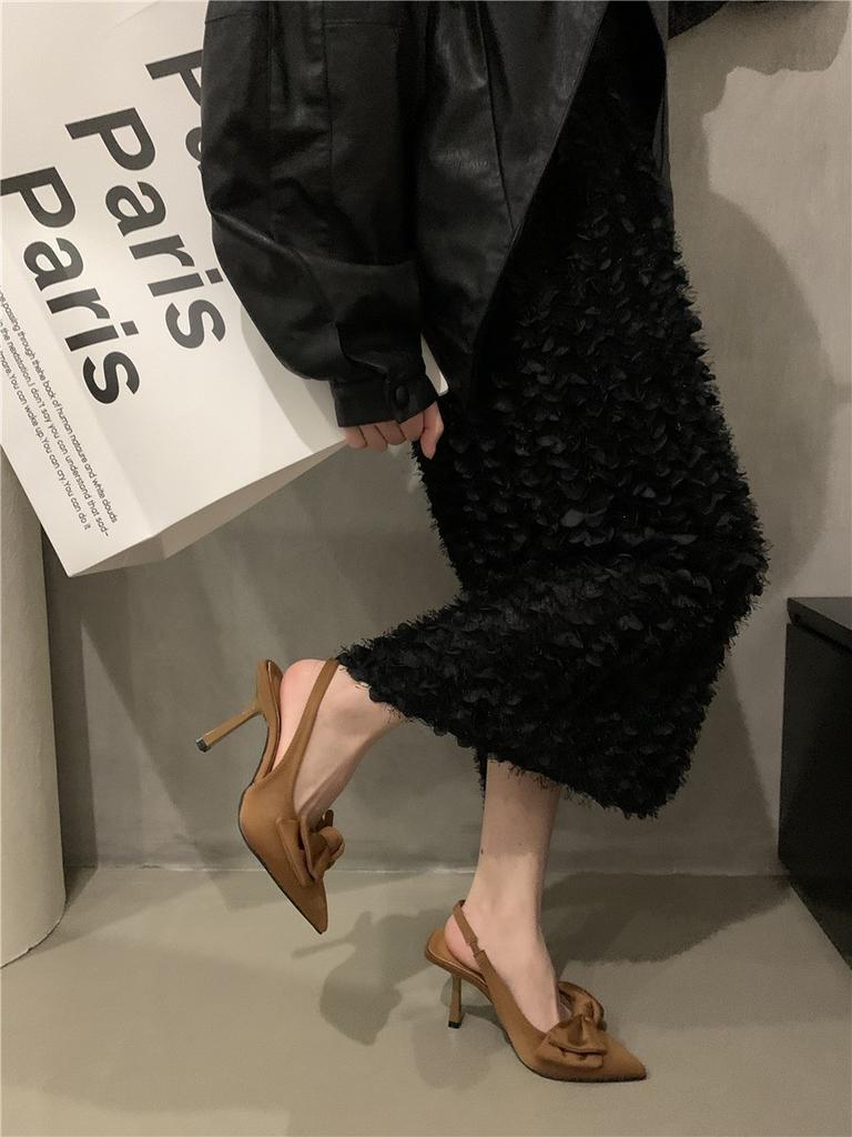 Fairy Style Sandals with Skirt French Bag Head Single Shoes Evening Style Bow Pointed Head Stiletto High Heels Spring Women's Shoes