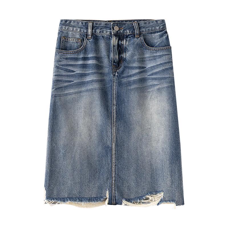 Chuyu Women's Lyocell Cotton Frayed Hem Denim Midi Skirt