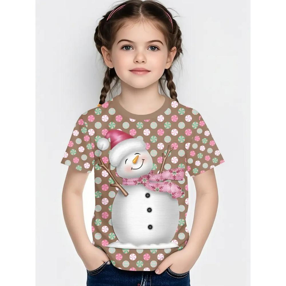 Girl T-shirt Snowman 3D Printed Girl Short sleeved T-shirt Santa Claus Boy Children's T-shirt Fashion Christmas Happy Children's Clothing
