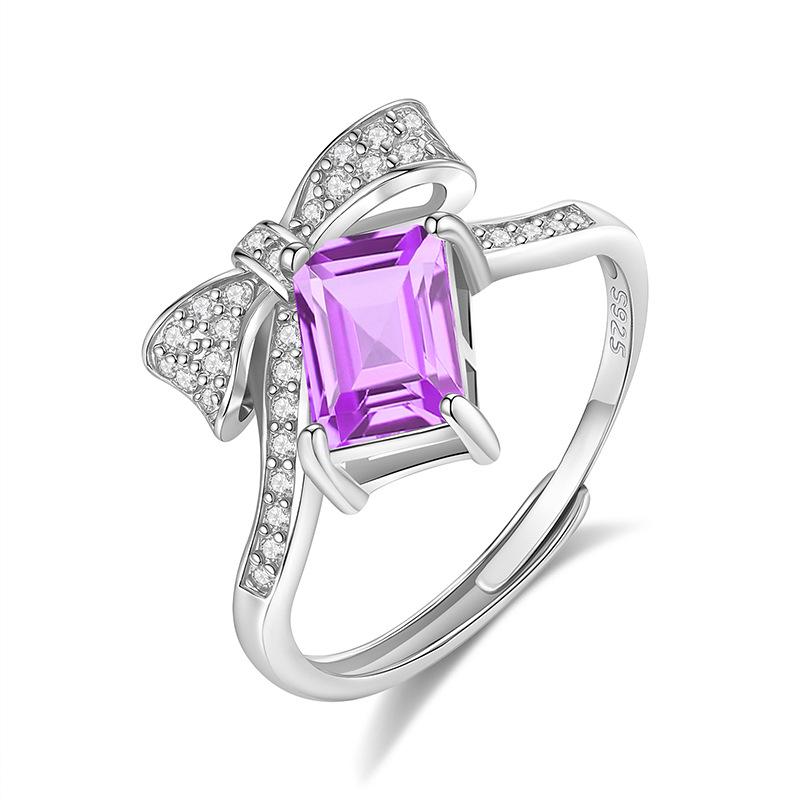 925 Sterling Silver Bowknot Crystal Ring, Adjustable Open Band with Natural Gemstone, Elegant Luxury Women's Jewelry, Perfect Gift