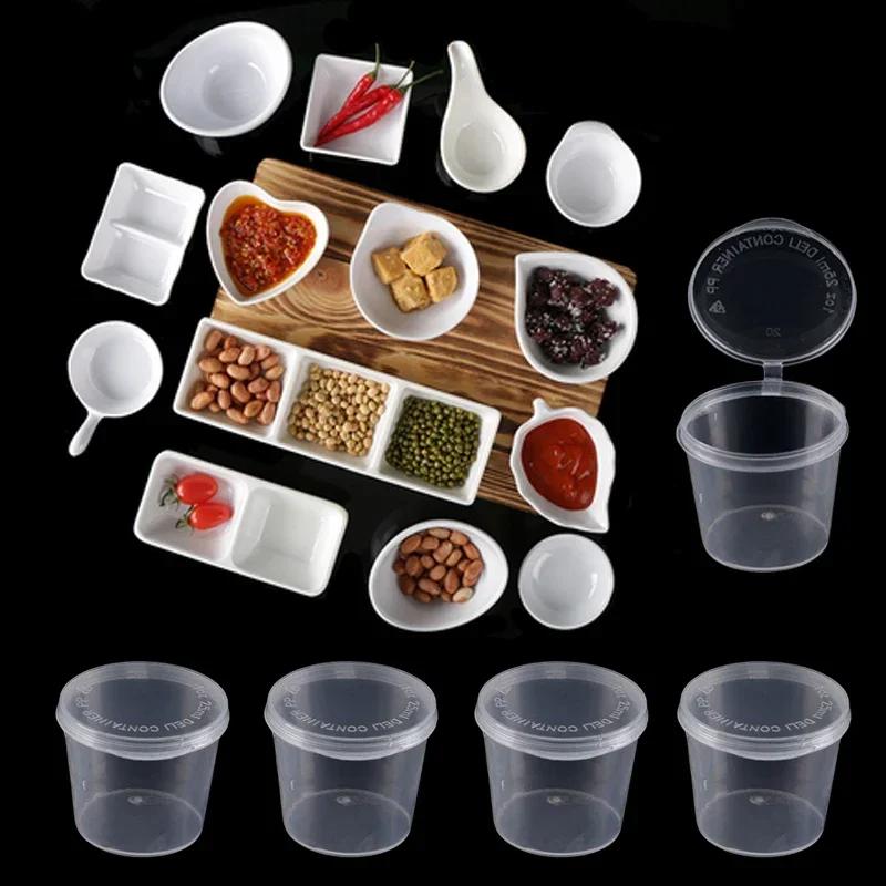 100Pcs Clear Food Small Sauce Containers Juice Package Box&Lid Portable Disposable Plastic Cups Fruit Transparent Dispenser