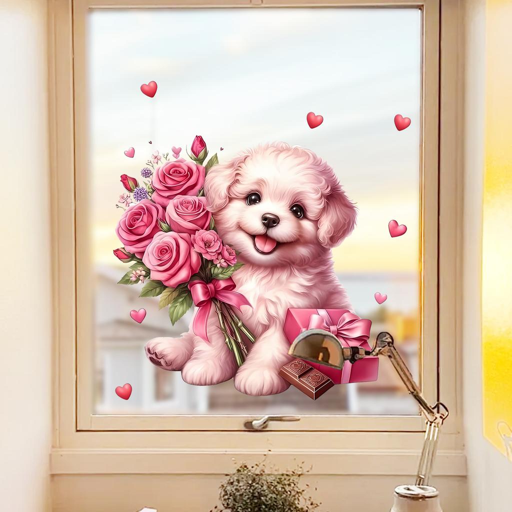 Dog Holding Flowers and Hearts Static Cling Window Stickers No Glue Needed for Bedroom Living Room Balcony Removable Reusable