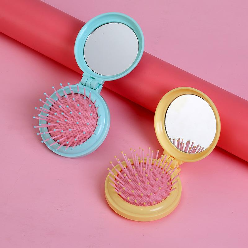 Tragbarer runder Mini-Haarkamm mit Spiegeltasche, kleine Größe, Reisemassage, zusammenklappbarer Haarkamm, Damen-Haarbürsten, Styling-Werkzeuge