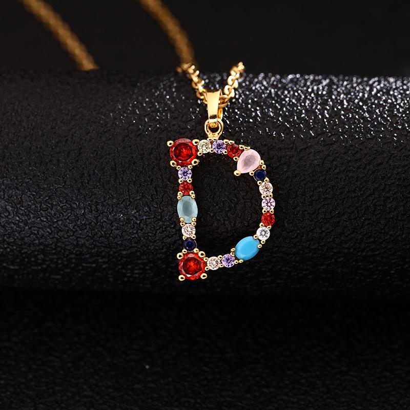 Colier de cupru pentru femei, cu 26 de litere, cu zircon colorat, agat și lanț din oțel inoxidabil
