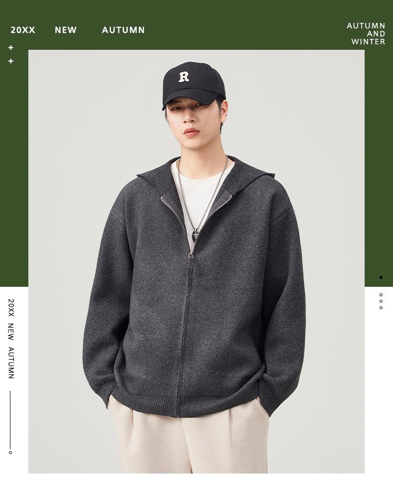 Modny Męski Kardigan Sweter z Kapturem na Zamek w Stylu Amerykańskim, Wszechstronny Dzianinowy z Obniżonymi Ramionami, Edycja 2025