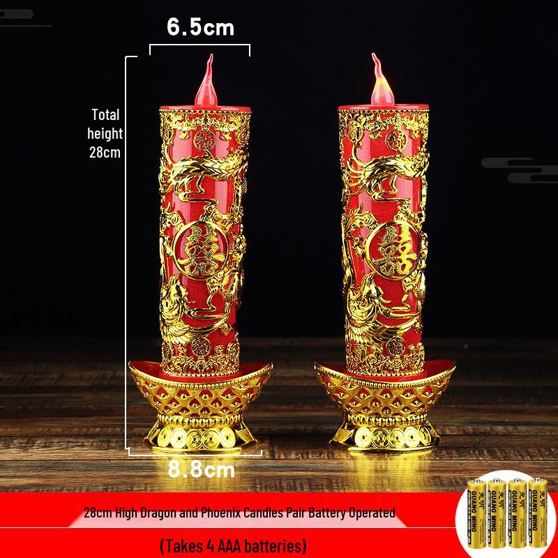 Double Happiness LED Windproof Candle: Dragon & Phoenix Design for Weddings - Safe, Smokeless, Large.