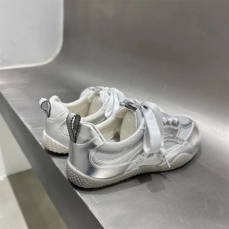 Women's German Training Shoes Summer Pearl Mesh Breathable Forrest Gump Shoes Soft Sole Silver and White