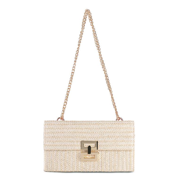 New Vacation Style Multi Layered Chain Flip Lock Straw Woven Bag Shoulder Bag