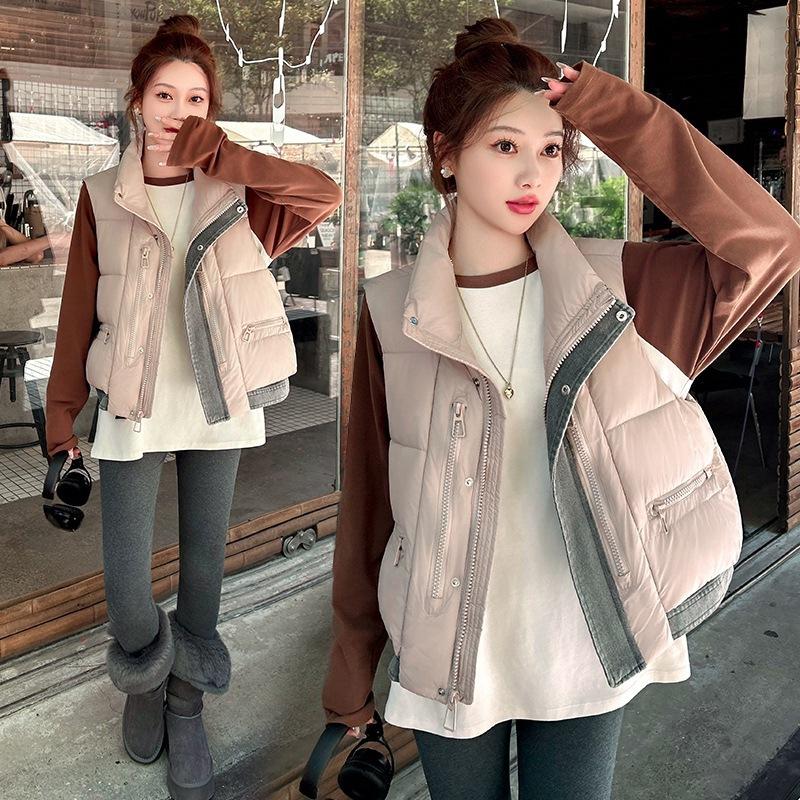 New Korean Version Loose Cotton Vest Denim Splicing Stand Collar Autumn and Winter Cotton Vest Vest Down Cotton Vest Women's Outer Wear