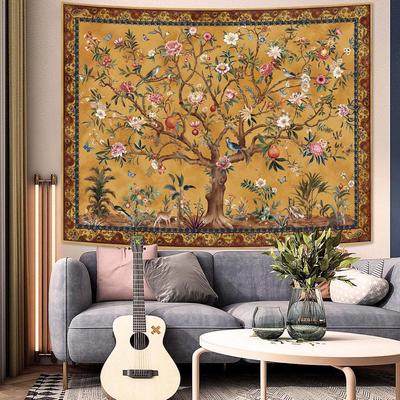Boho Baum des Lebens Wandteppich, Vintage Blumen Blätter Vögel Pflanze Tier Muster Wandteppiche, Retro Indisch Bohemian Ästhetik Wand